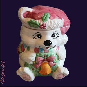 Vtg christmas santa  bear cookies jar wht/red/green colors
